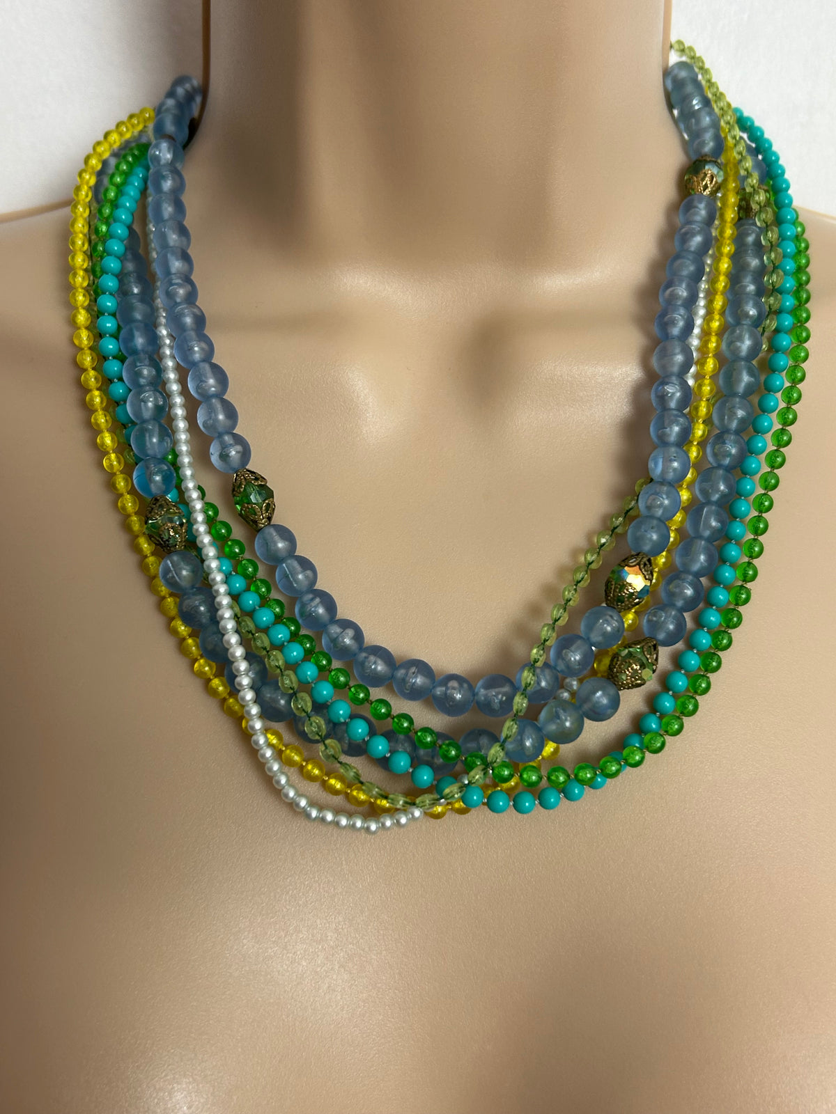 Vintage 1960s Blue Green & Yellow Plastic Bead Multi Strand Necklace With Pretty Clasp