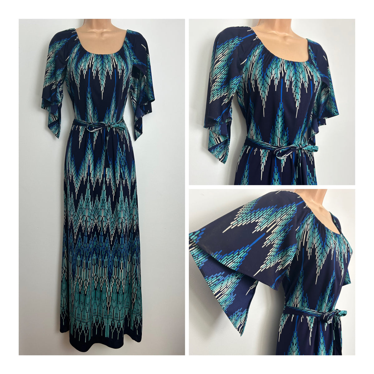 Vintage 1970s BILYTIS PARIS Size 8 Navy Turquoise & White Dash Stripe Print Mid Sleeve Maxi Dress