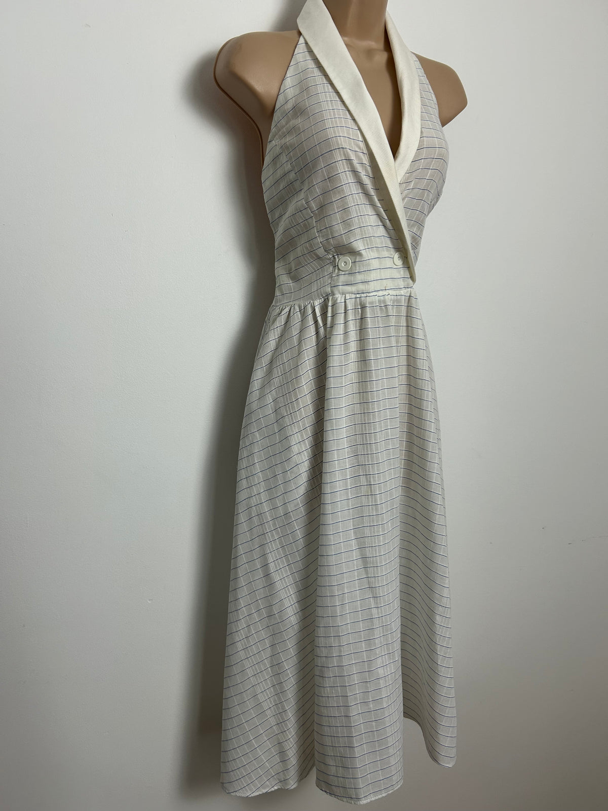 Vintage 1980s Size 8-10 White & Blue Stripe Halterneck Cotton Mix Summer Midi Dress