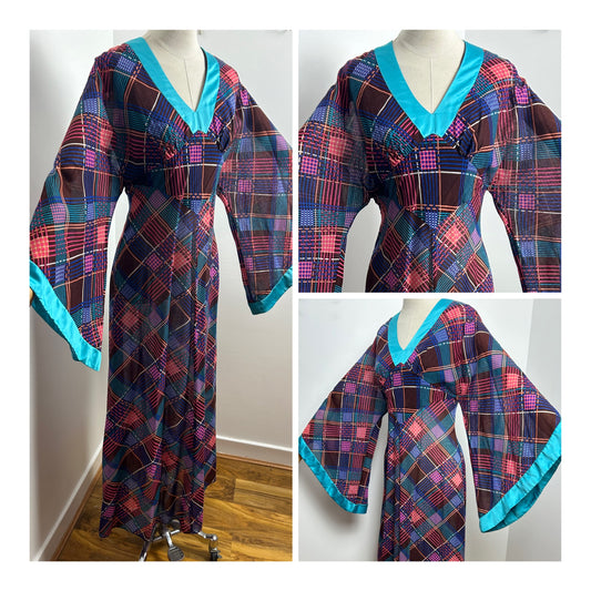 Vintage 1970s VERONICA AT REMBRANDT Size 8-10 Burgundy Blue & Pink Check Print Wide Sleeve Boho Maxi Dress