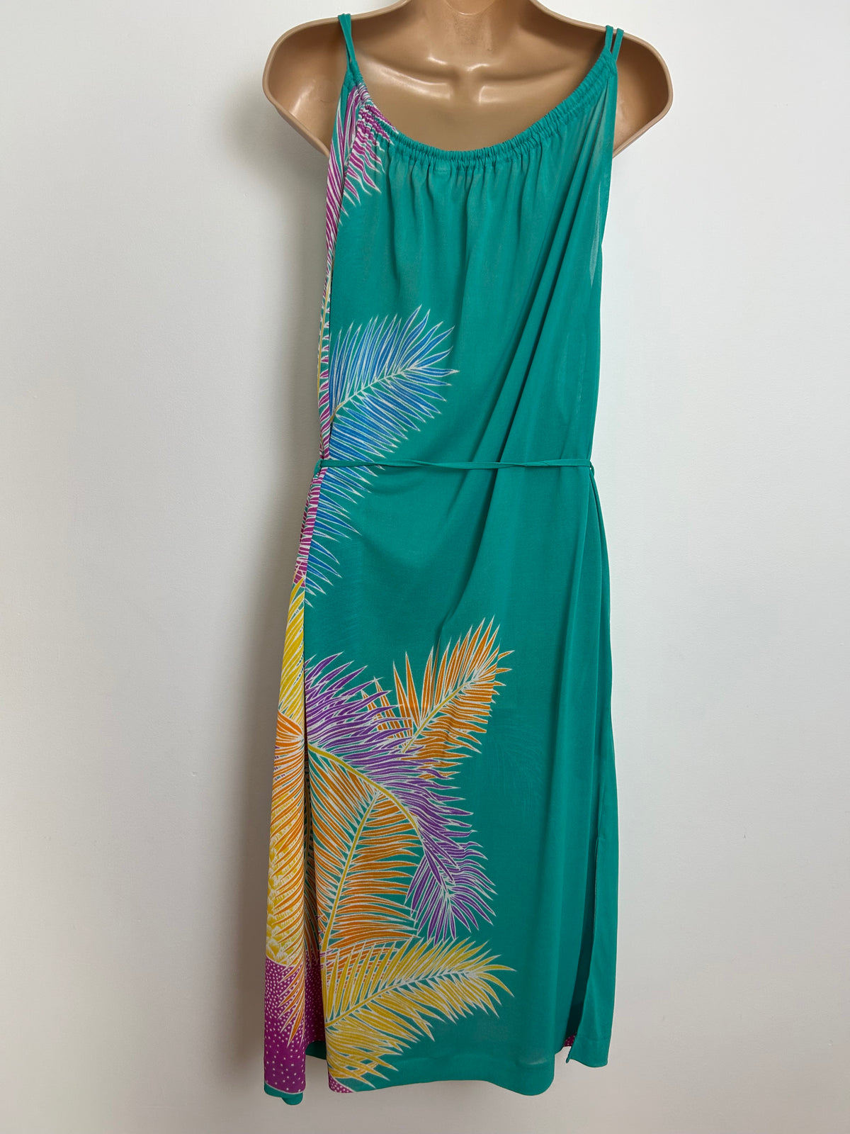 Vintage Early 1980s FURSTENBERG Size 12 Jade Green Blue Yellow & Pink Leaf Print Belted Sundress