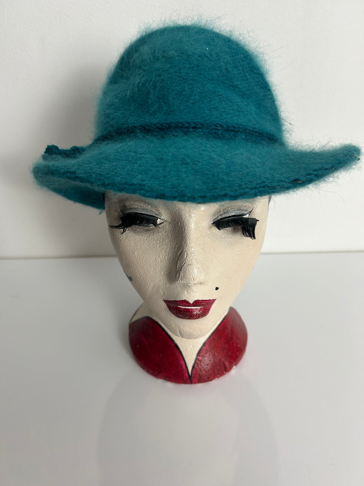 Vintage Teal Green Angora Mix Braid Trim Tie Detail Fedora Style Hat