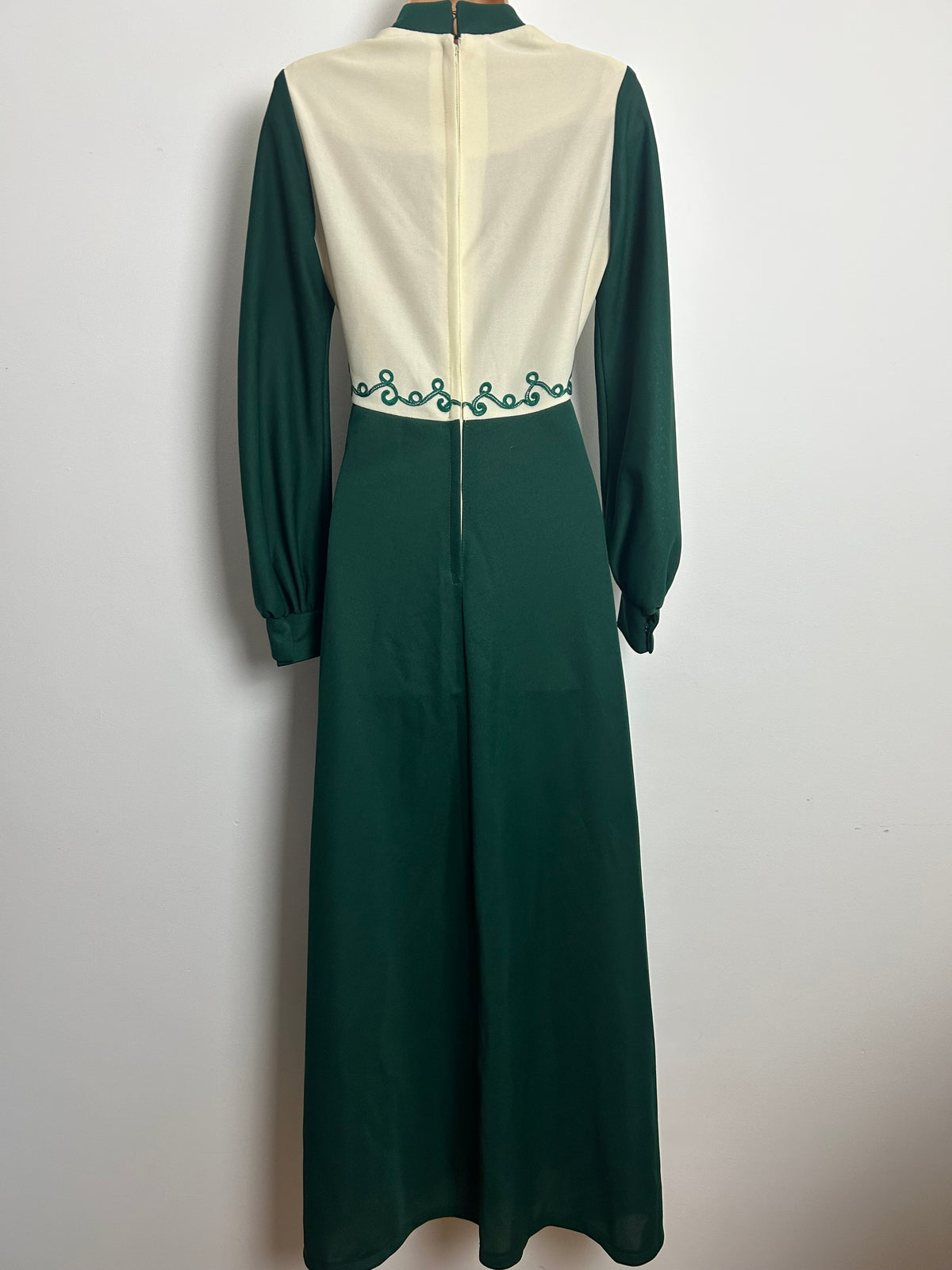 Vintage 1970s Size 10 Bottle Green & Cream Braid & Diamante Detail Long Sleeve Evening Maxi Dress