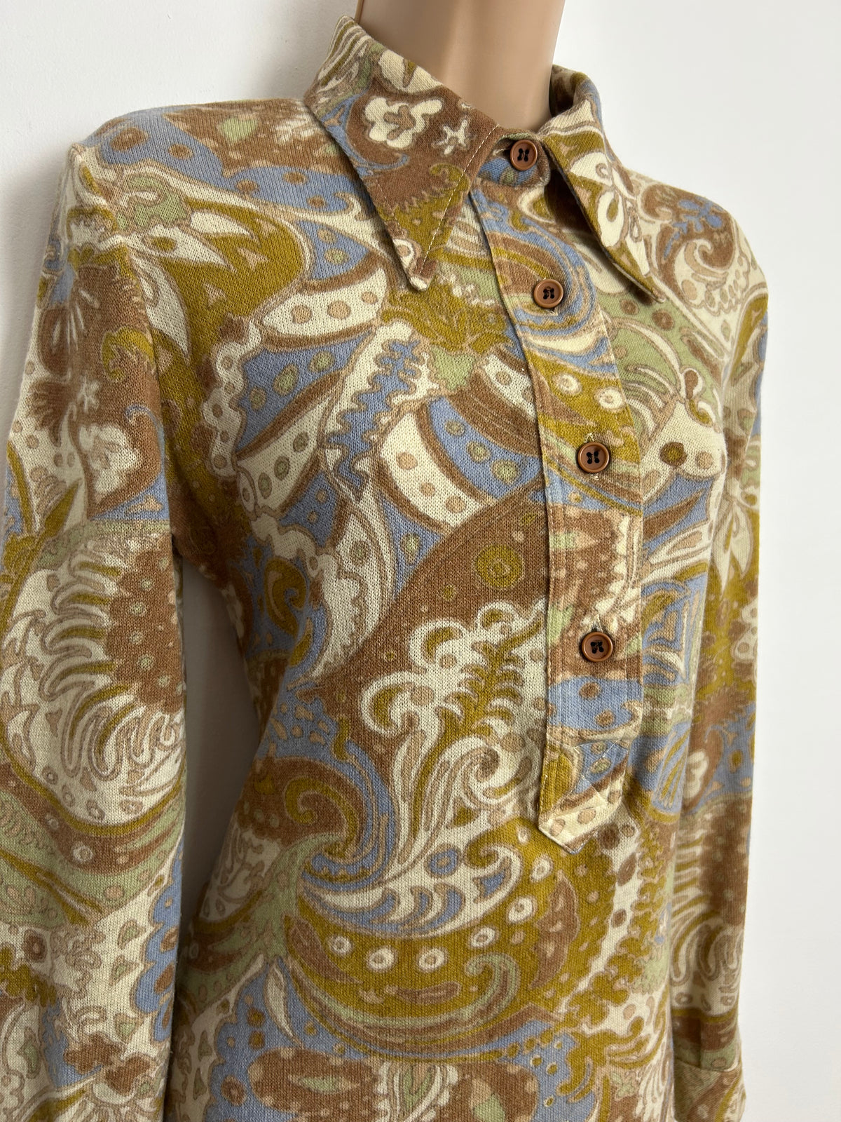 Vintage 1960s GASTON JAUNET Size 12-14 Brown Cream Blue & Pale Green Paisley Wool Mix Mod Shift Dress