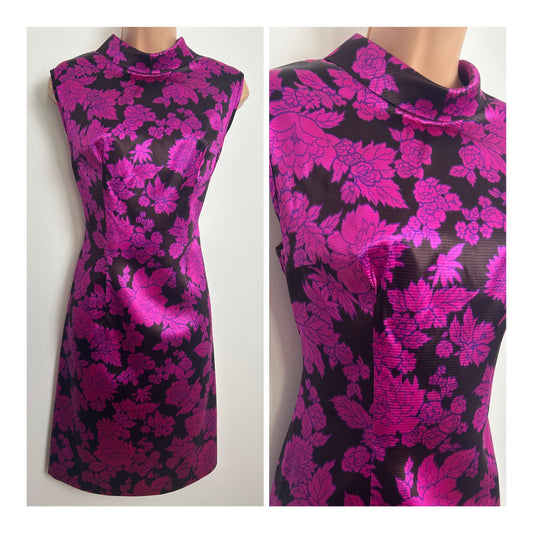 Vintage 1960s Size 10 Dark Pink & Brown Floral Print Mod Dress