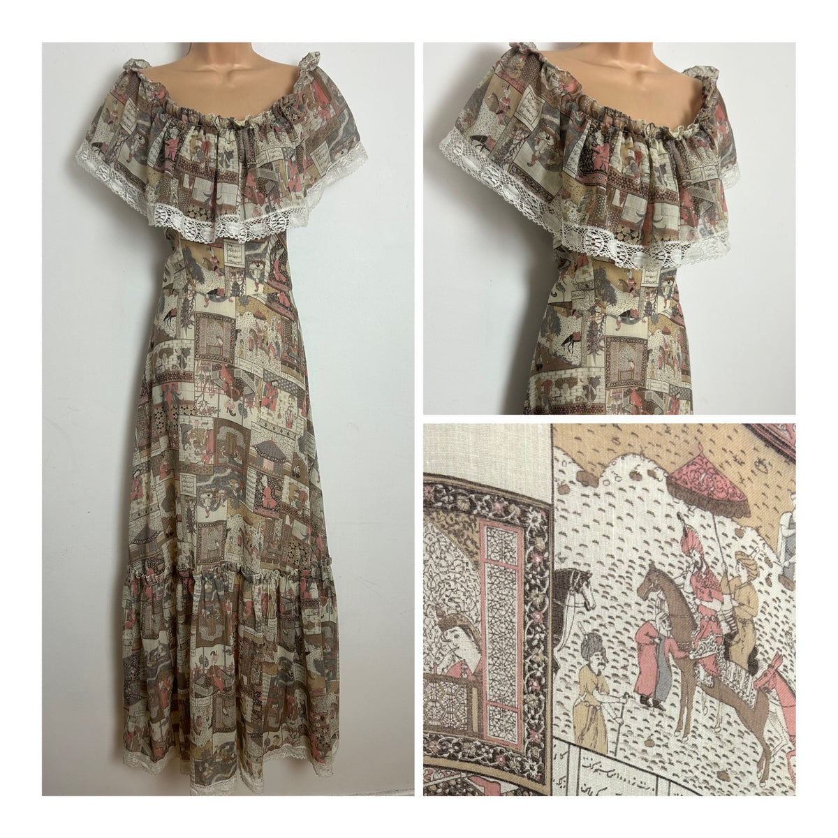 Vintage 1970s PETER ELLIS Size 6-8 Cream Brown & Dusky Pink Intricate Persian Novelty Print Boho Maxi Dress