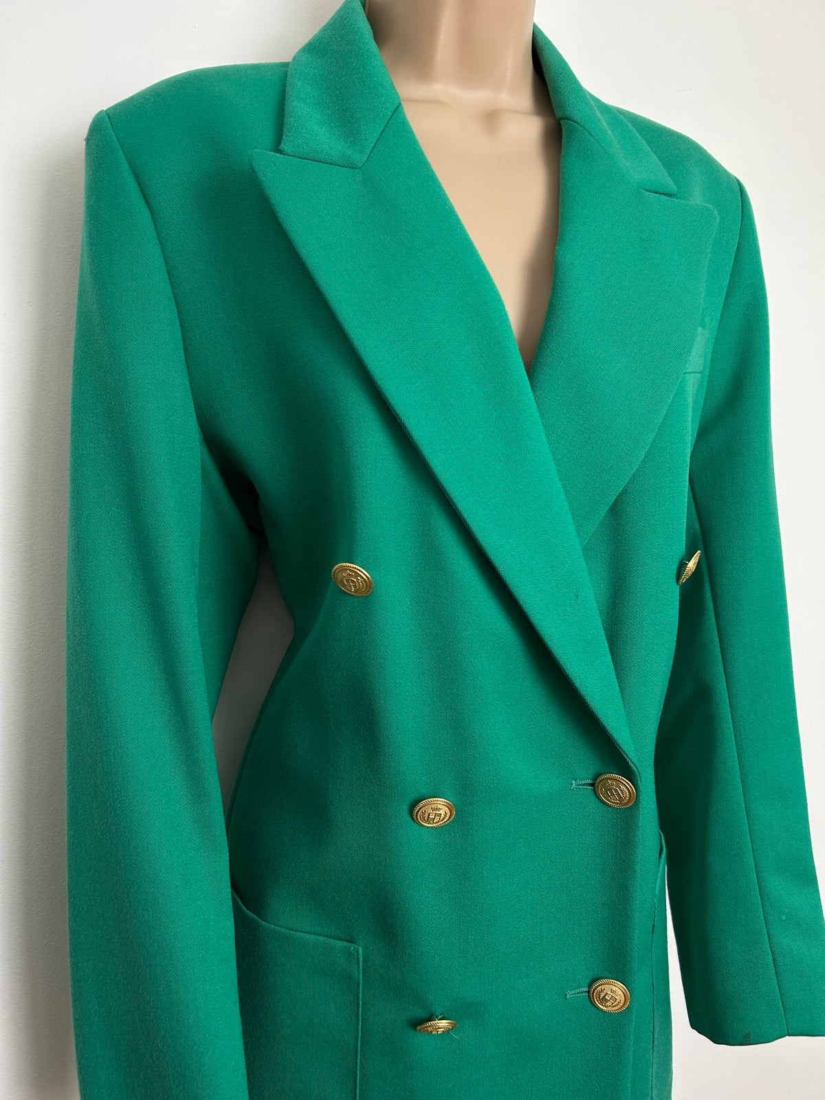 Vintage 1990s ST MICHAEL MARKS & SPENCER Size 12-14 Green Pure Wool Military Style Double Breasted Blazer