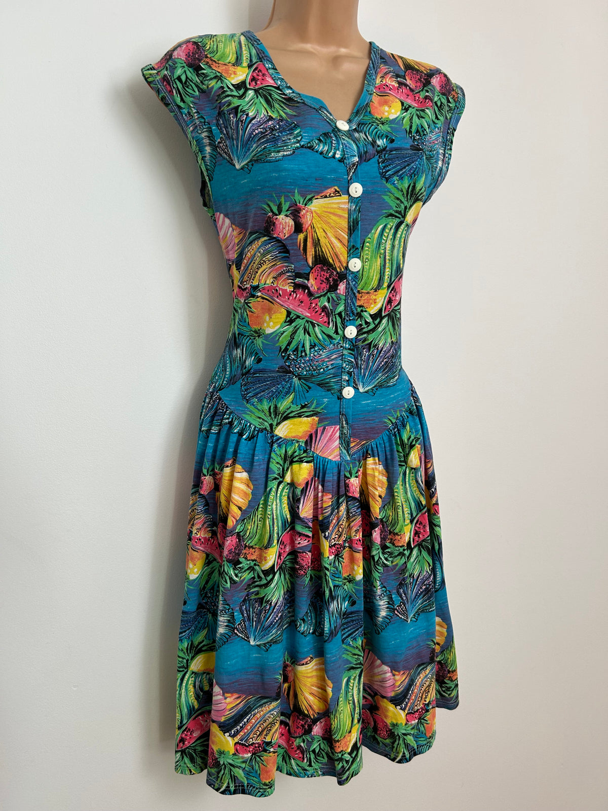 Vintage 1980s Size 8 Underwater Sea Shell & Fruit Novelty Print Cotton Day Dress