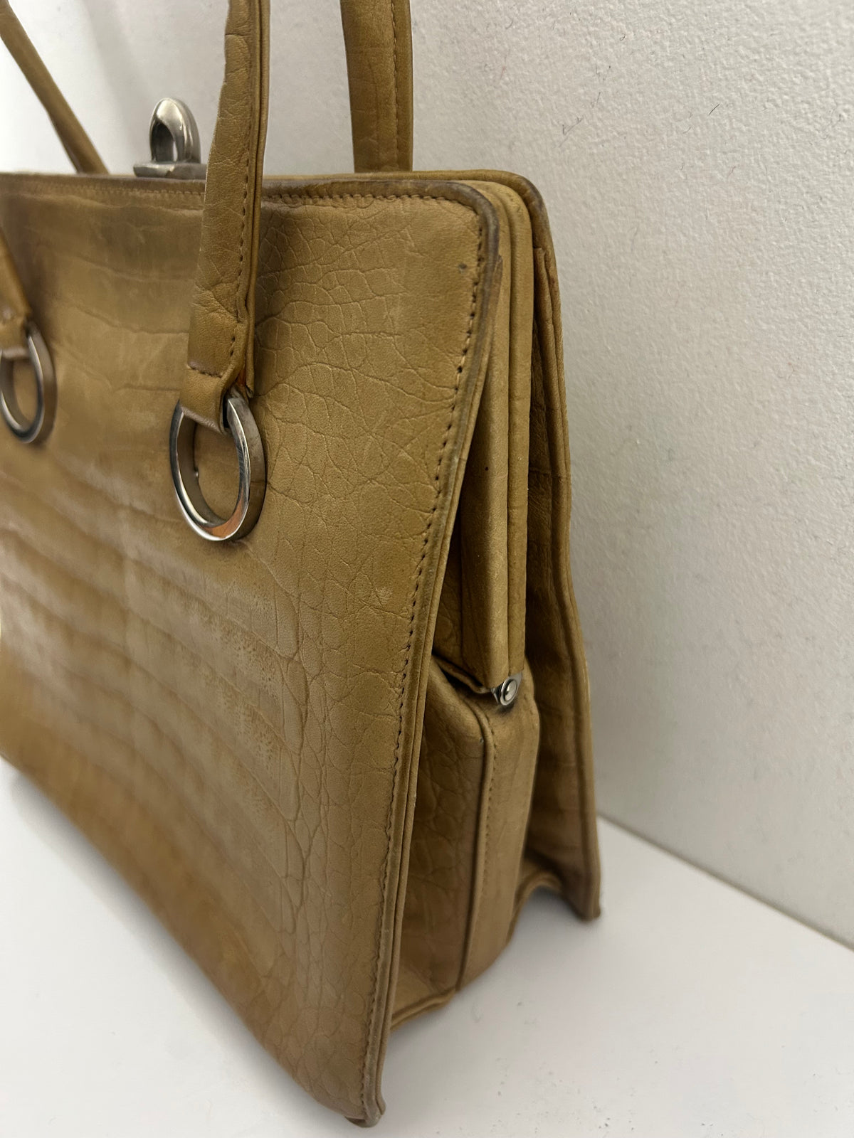 Vintage 50s 60s Beige Leather Double Top Handle Kelly Bag
