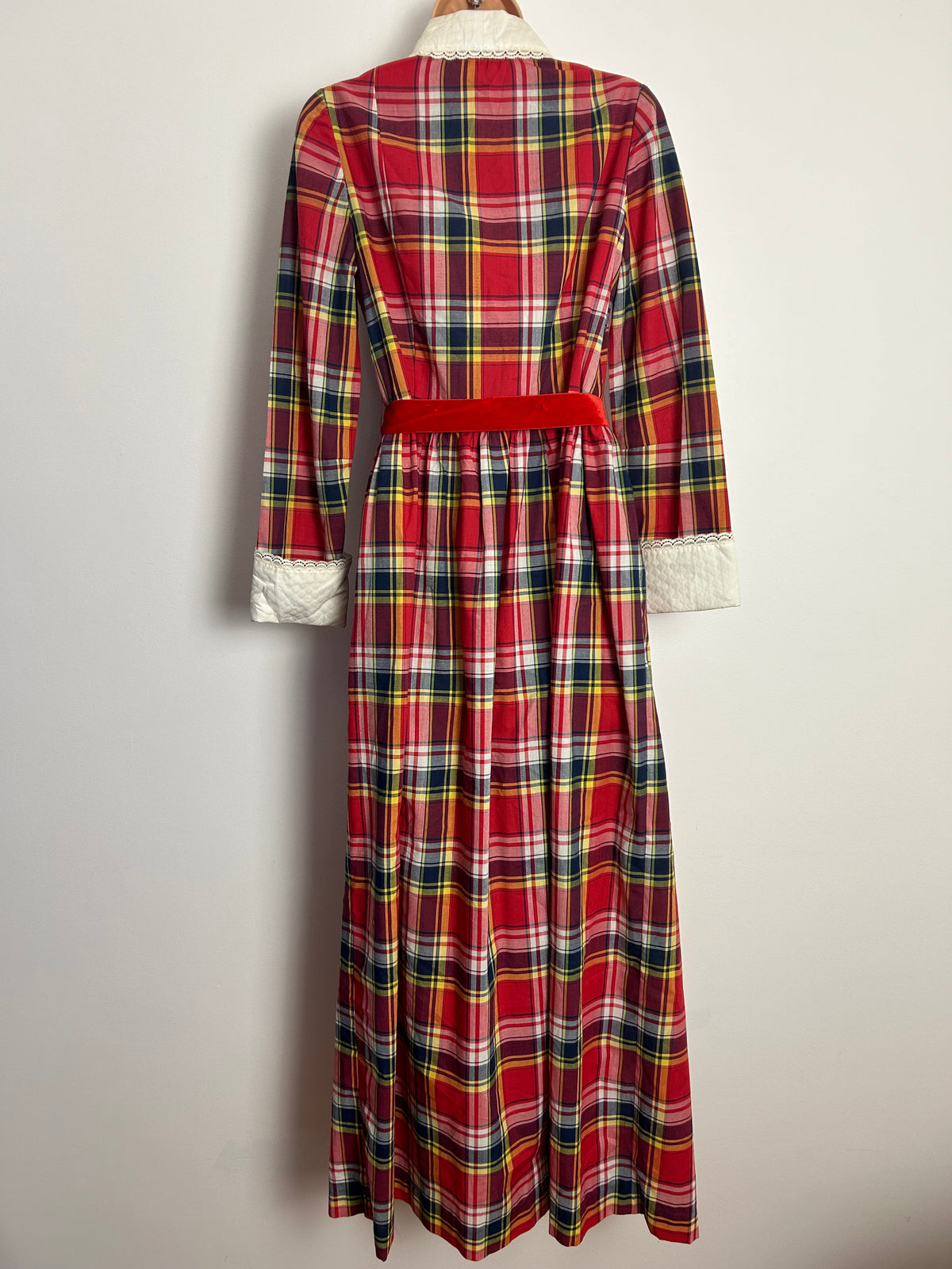 Vintage 1970s FURSTENBERG UK Size 10 Red Tartan Check Removeable Collared Full Wrap Belted Maxi Dress