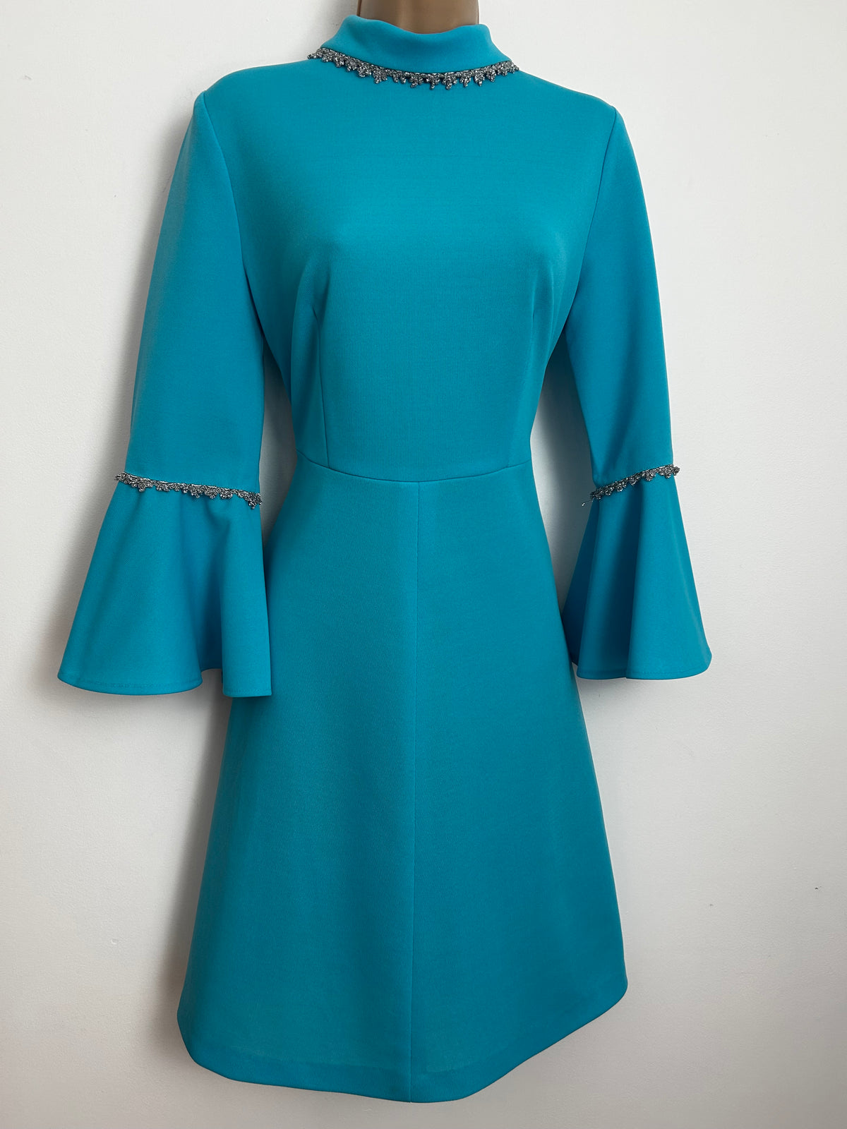 Vintage 1970s Size 8-10 Turquoise & Silver Braid Trim Flared Cuff Fit & Flare Occasion Dress
