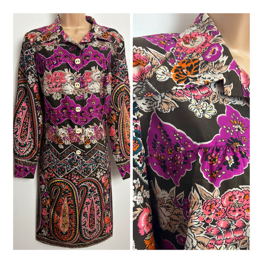 Vintage 1970s Size 14 Brown Purple & Orange Floral & Paisley Print Dagger Collar Shift Dress