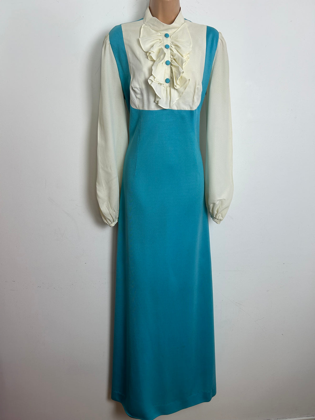 Vintage Late 1960s Size 14 Turquoise & Cream Ruffle Bib Long Sleeve Maxi Dress