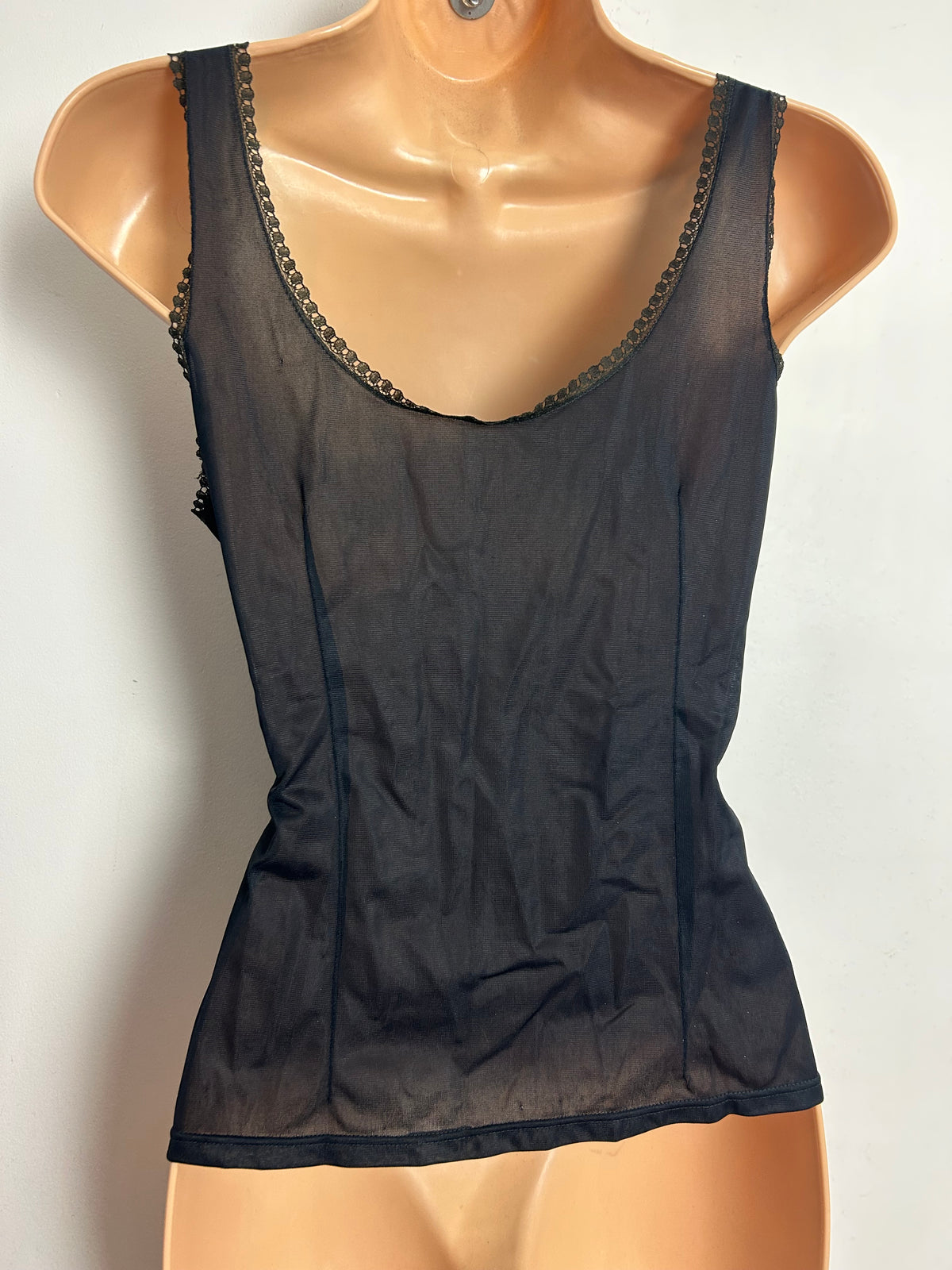 Vintage Size 10 Pretty Black Lace Detail Nylon Camisole