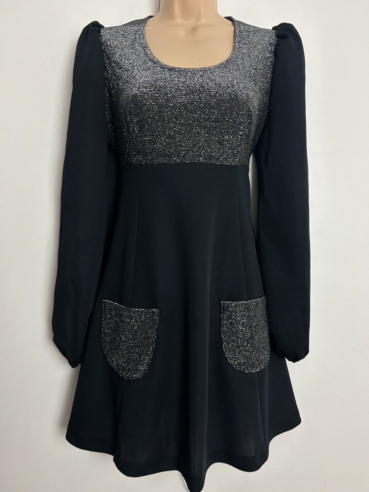 Vintage Early 1970s UK Size 10 Black & Silver Lurex Long Sleeve Pocket Detail Mini Dress