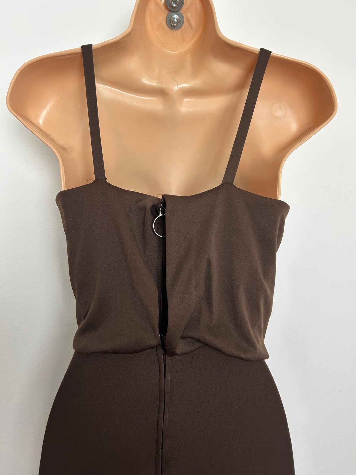 Vintage Late 1970s Size 8 Chocolate Brown Crochet Panel Wide Flared Leg Jumpsuit
