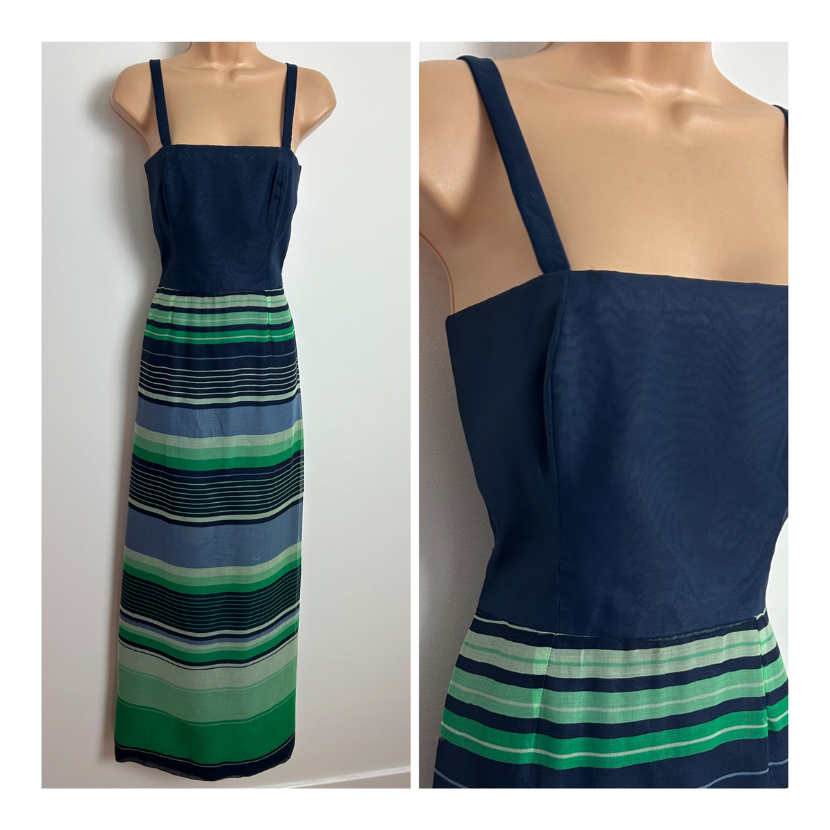 Vintage Late 1960s G. VALENS BRUXELLS Size 8-10 Navy Blue & Green Stripe Maxi Dress