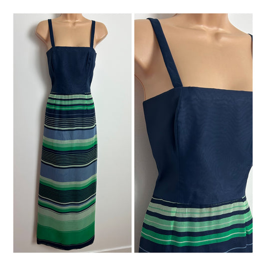 Vintage Late 1960s G. VALENS BRUXELLS Size 8-10 Navy Blue & Green Stripe Maxi Dress