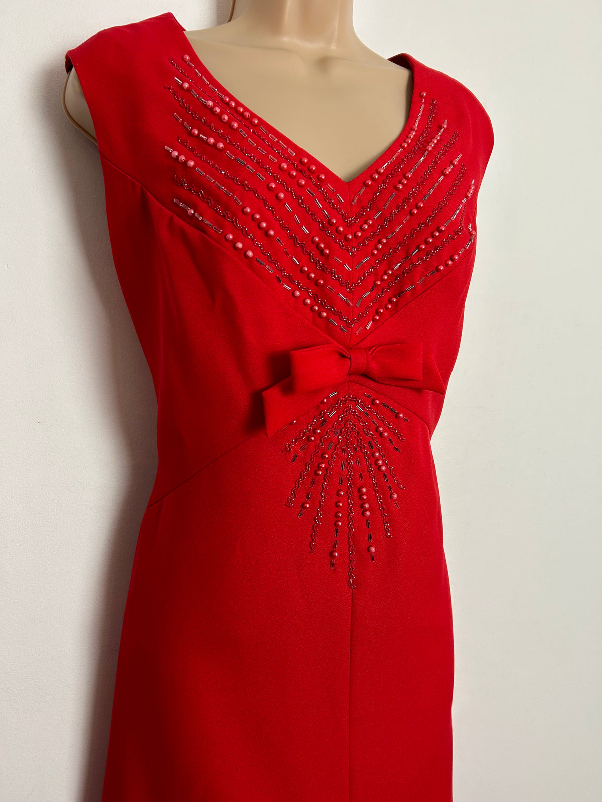 Vintage Late 1960s UK Size 12-14 Red Bead & Bow Embellished Occasion Evening Maxi Dress