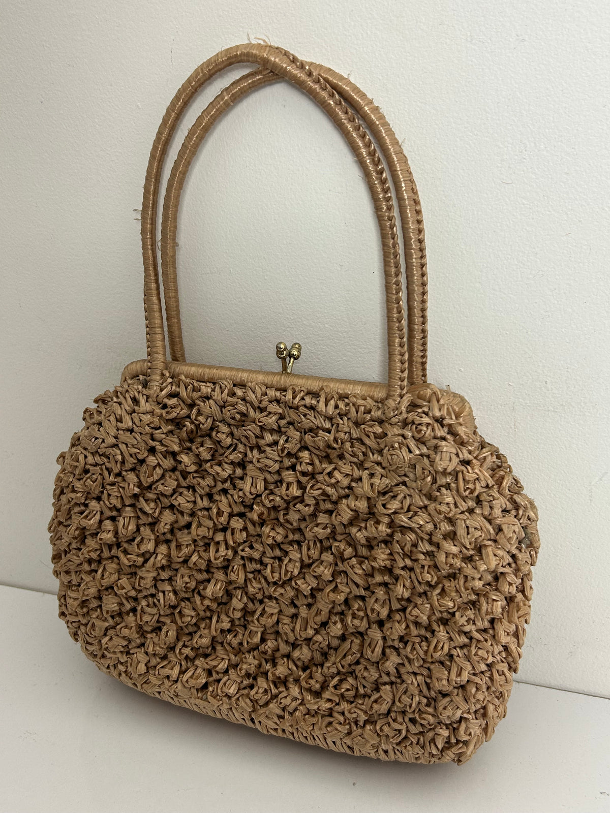 Vintage 1950s Handmade Beige Woven Raffia Style Top Handle Handbag