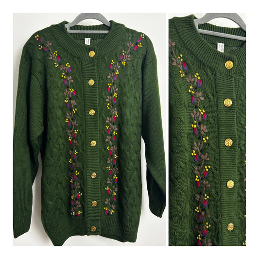 Vintage 1980s Up To Size 14-16 Dark Embroidered Wool Mix Cottage Core Cardigan