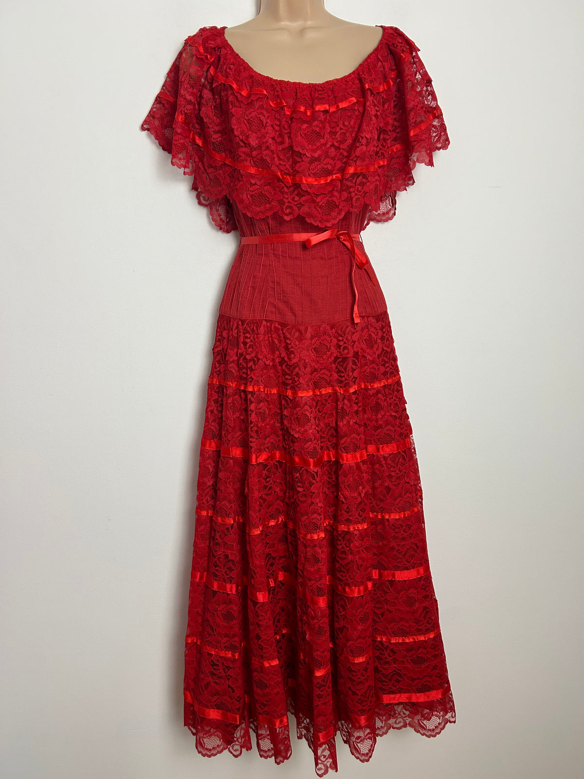 Vintage 1970s ROSA MEXICANO Size 10 Beautiul Red Cotton Pintuck & Lace Detail Mexican Maxi Dress