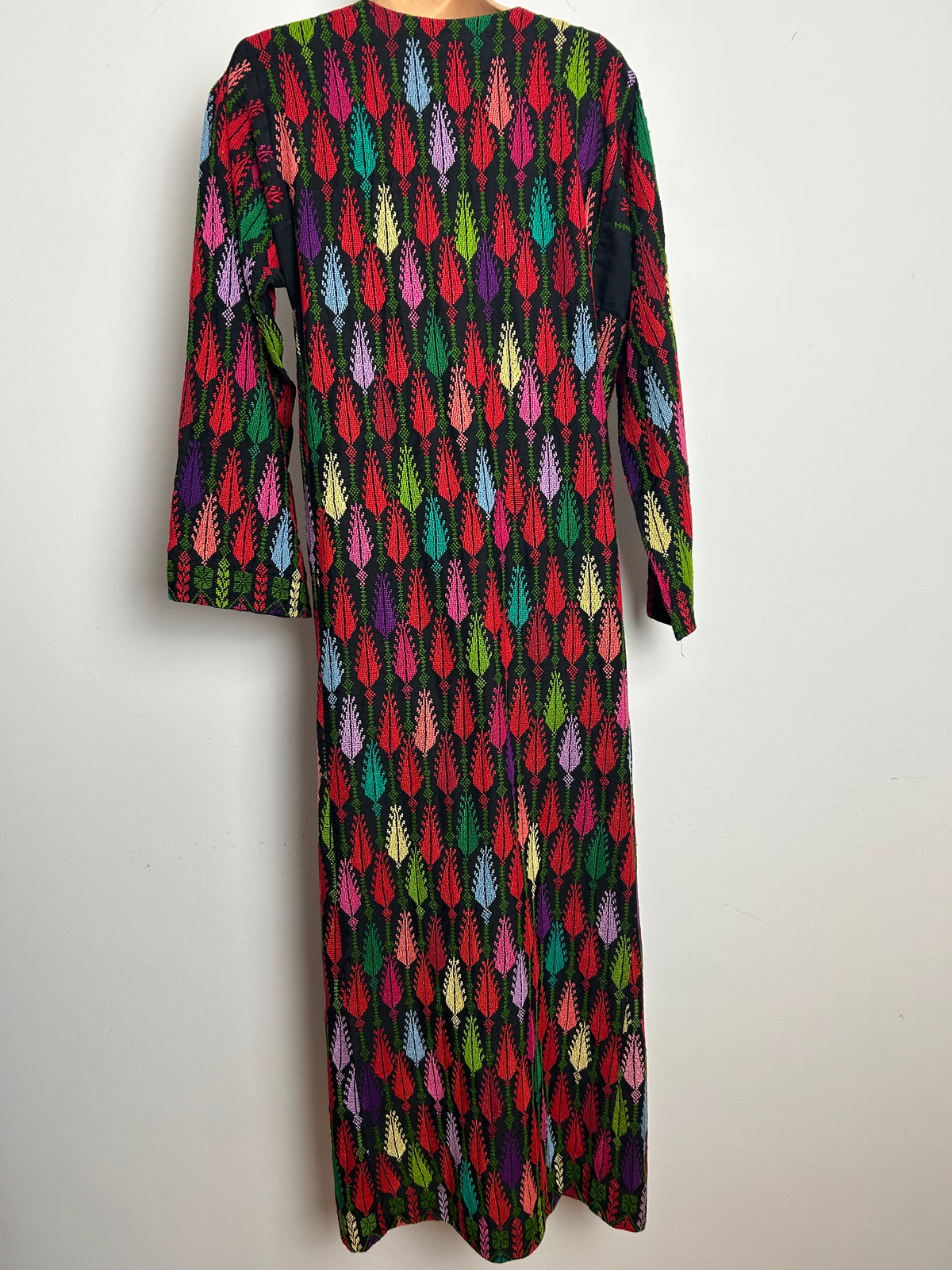 Vintage Up To Size 14 Black Red Blue Green & Yellow Cross Stitch Embroidered Long Sleeve Kaftan