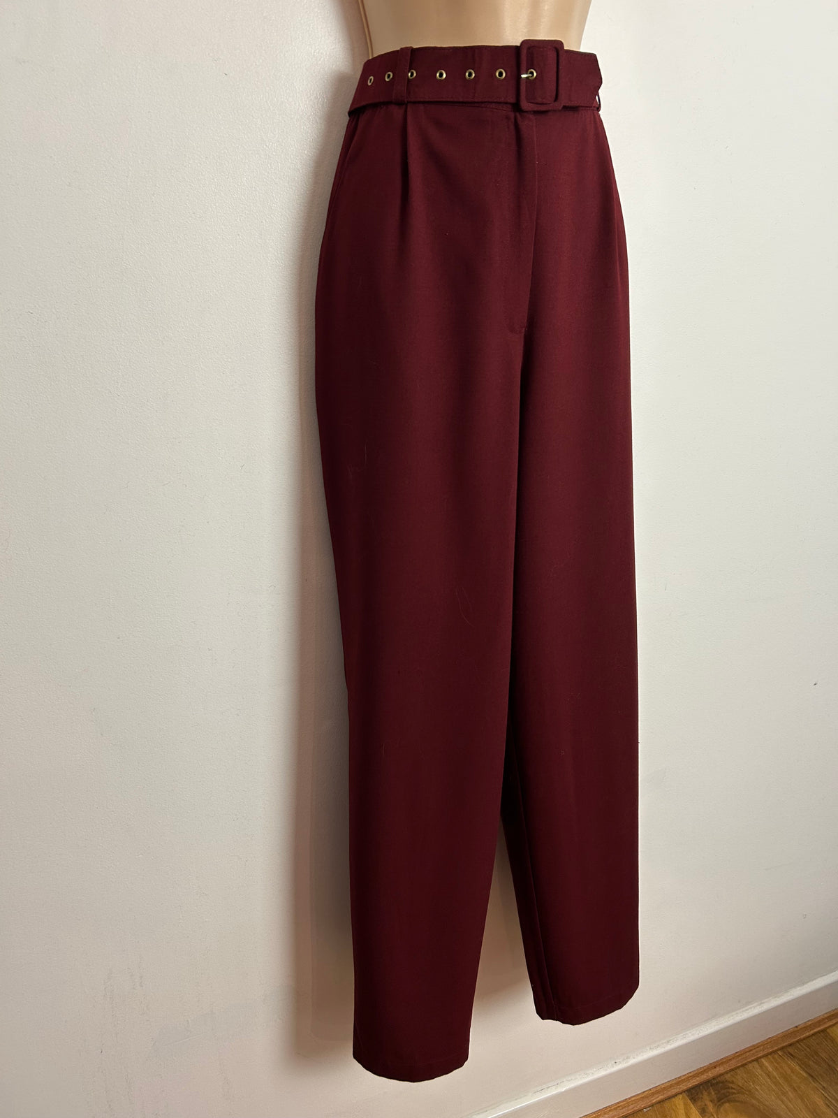 Vintage 1980s UK Size 12 Burgundy Straight Leg Wool Mix Trousers