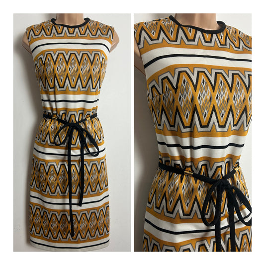 Vintage 1960s Size 12 White Orange Black & Grey Abstract Print Belted Mod Dress