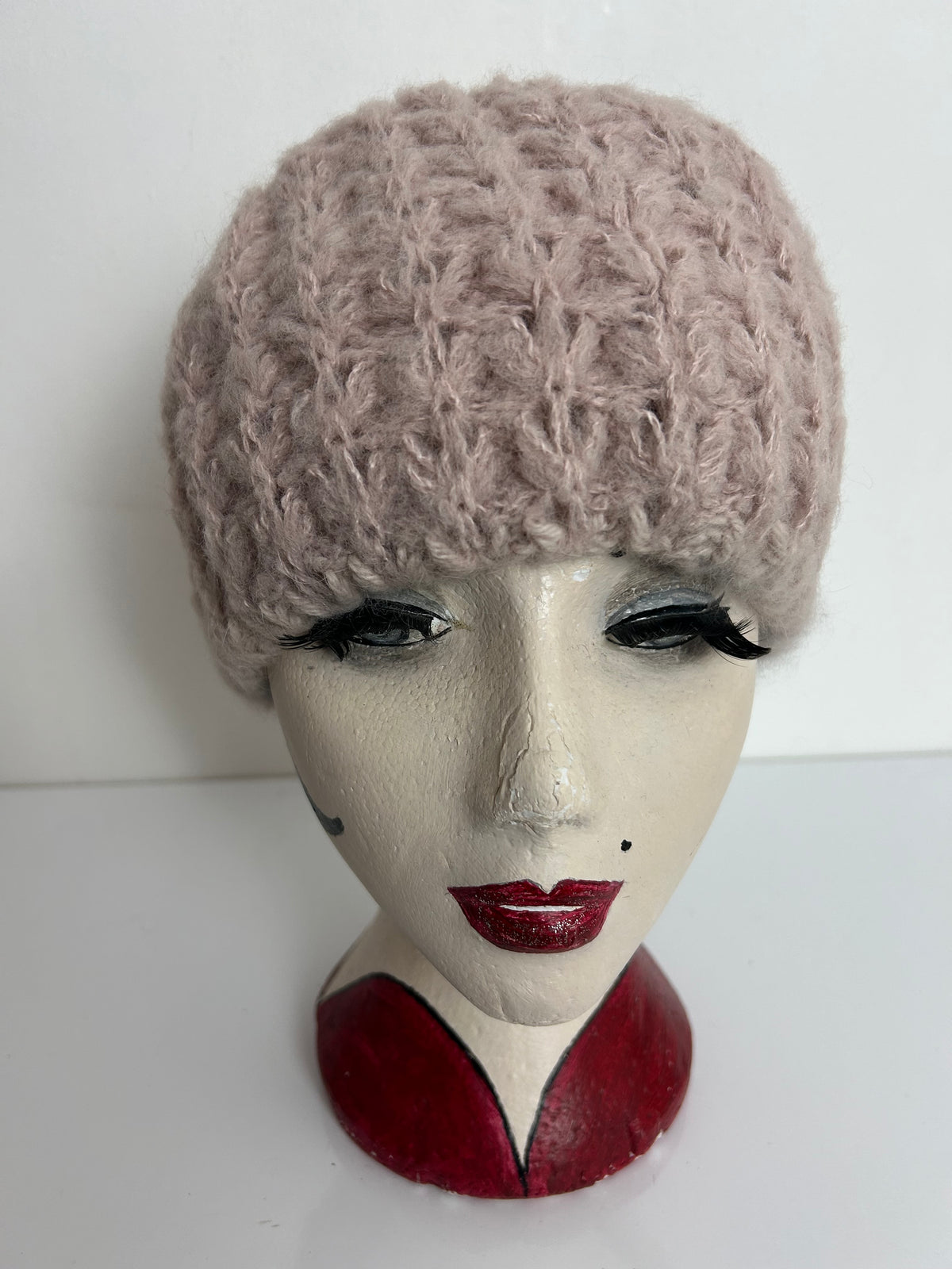 Vintage Pale Nude Pink Wool & Angora Chunky Knit Reversible Beanie/Beret Style Hat