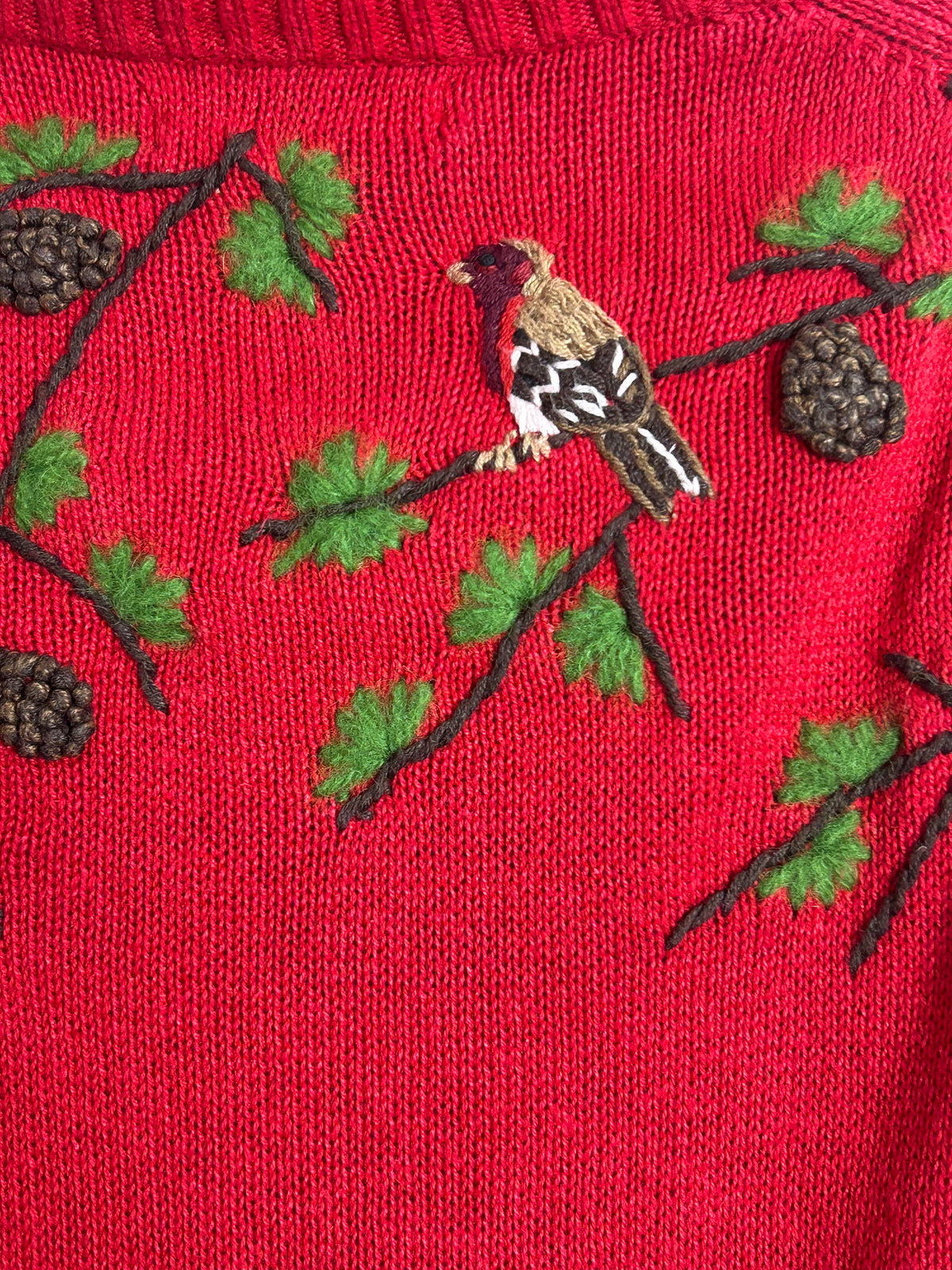 Vintage COLDWATER CREEK Size M Up To 12 Red Cotton Mid Embroidered Bird Woodland Cardigan
