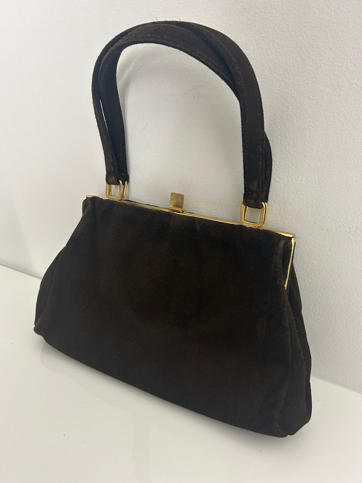 Vintage 1950s Dark Brown Suede Top Handle Handbag Made In London