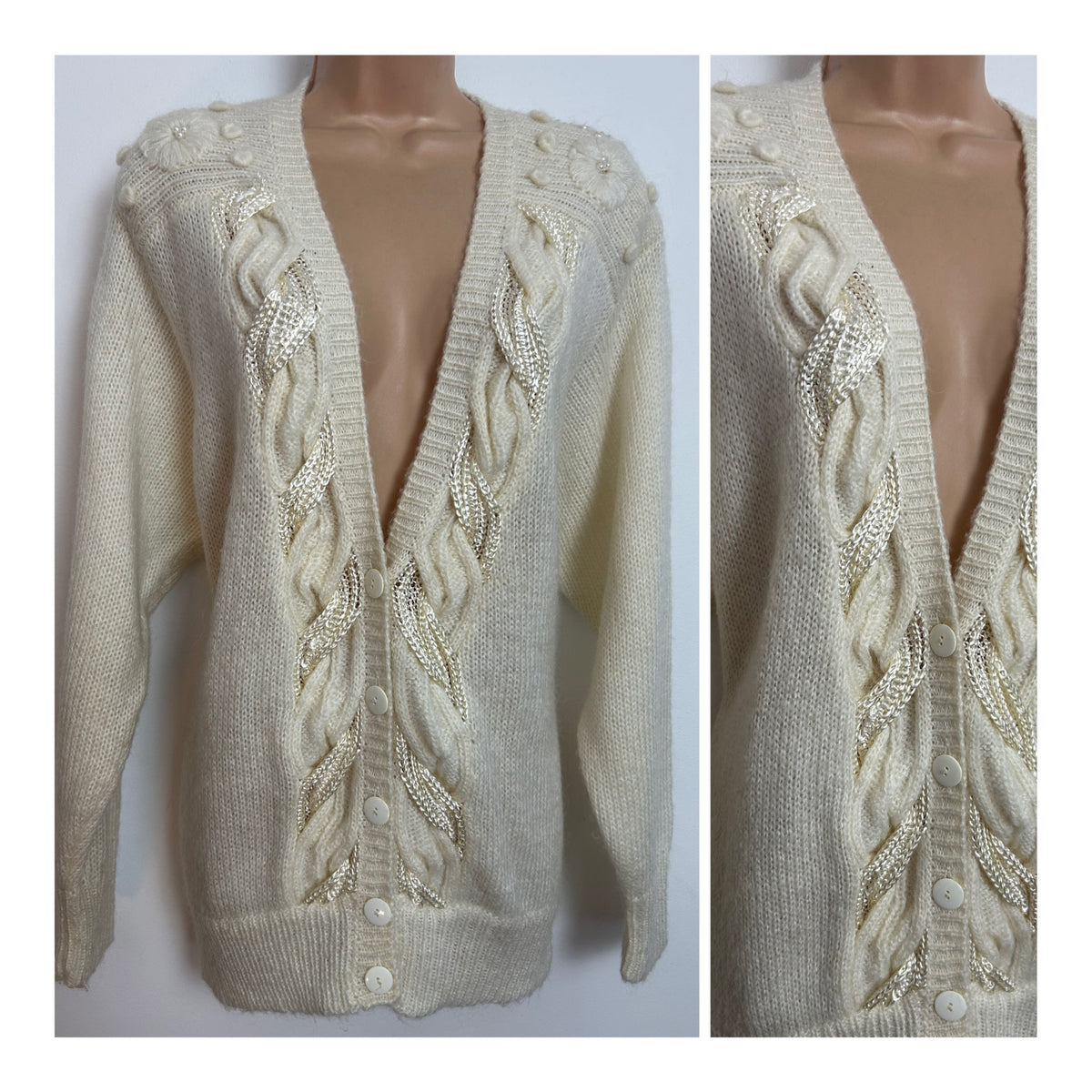 Vintage 1980s Up To Size 16 Super Soft Cream Wool Mix Cable Knit Cardigan