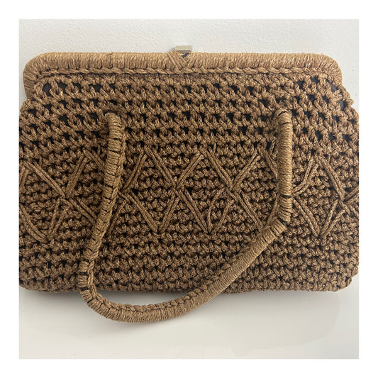Vintage Late 1950s Pale Brown Woven Raffia Style Double Handle Handbag