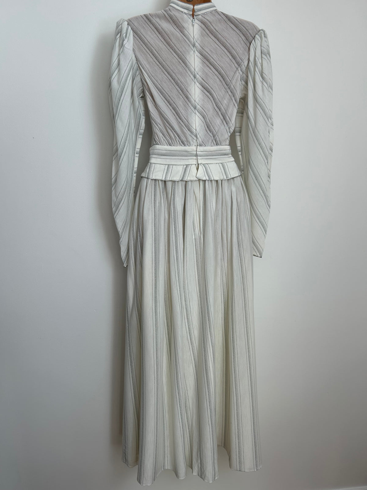 Vintage 1970s PRONUPTIA PARIS Size 6 White & Metallic Silver Stripe Peplum Long Sleeve Maxi Dress