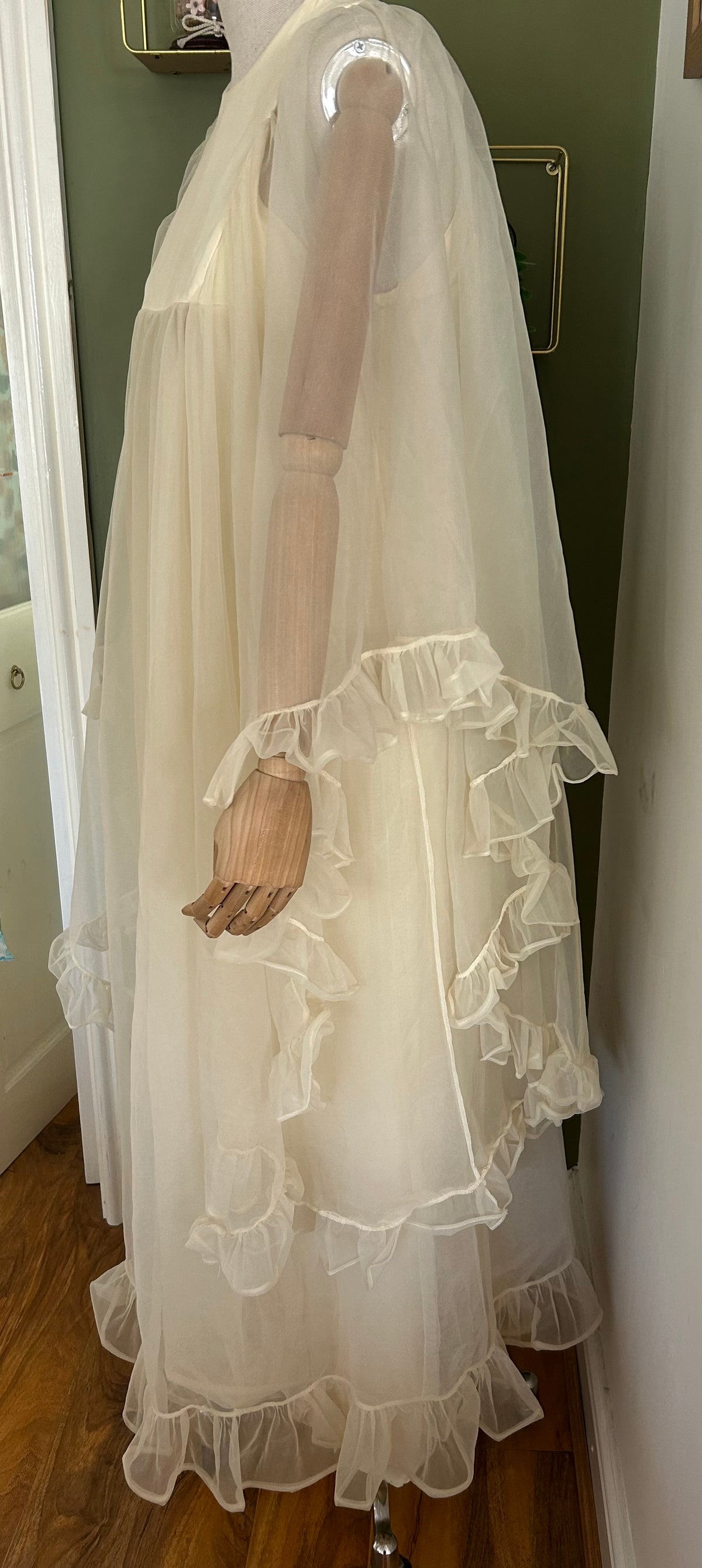 Vintage 1960s Size 10 Cream Nylon Double Layered Ruffle Trim Wide Floaty Sleeve Boho Maxi Dress