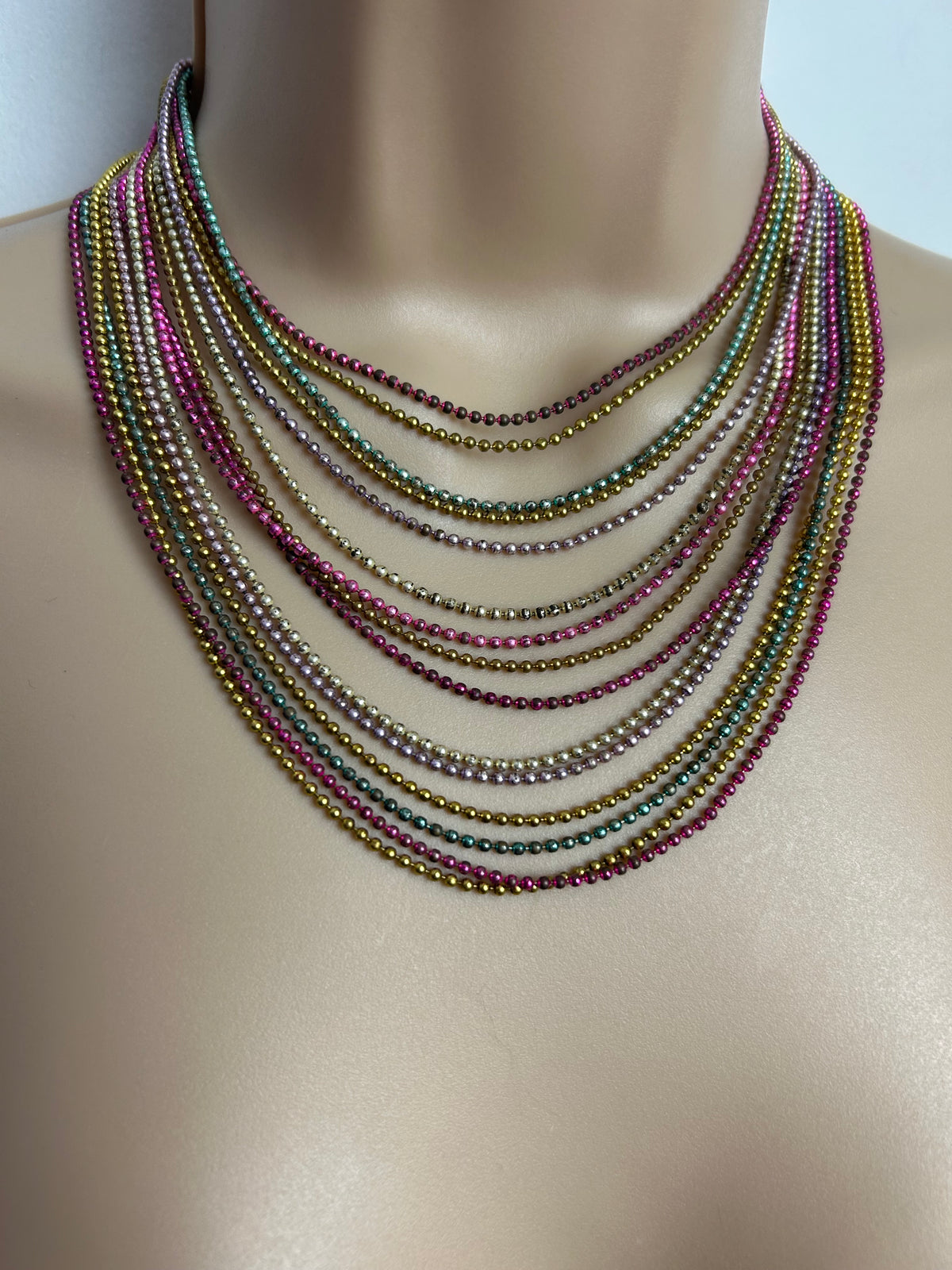 Vintage 1960s Gorgeous Multistrand Pink Blue Silver & Gold Microbead Necklace