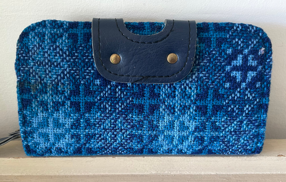 Vintage Blue Welsh Wool Tapestry Large Purse With Wrist Strap