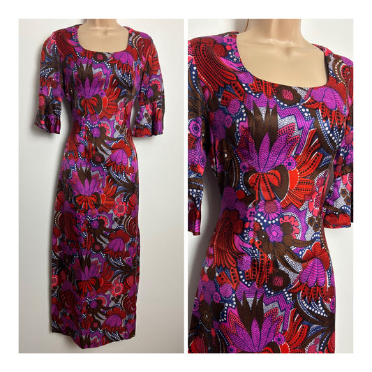 Vintage 1970s Size 8 Pink Red Blue & White Floral Print Short Sleeve Maxi Dress