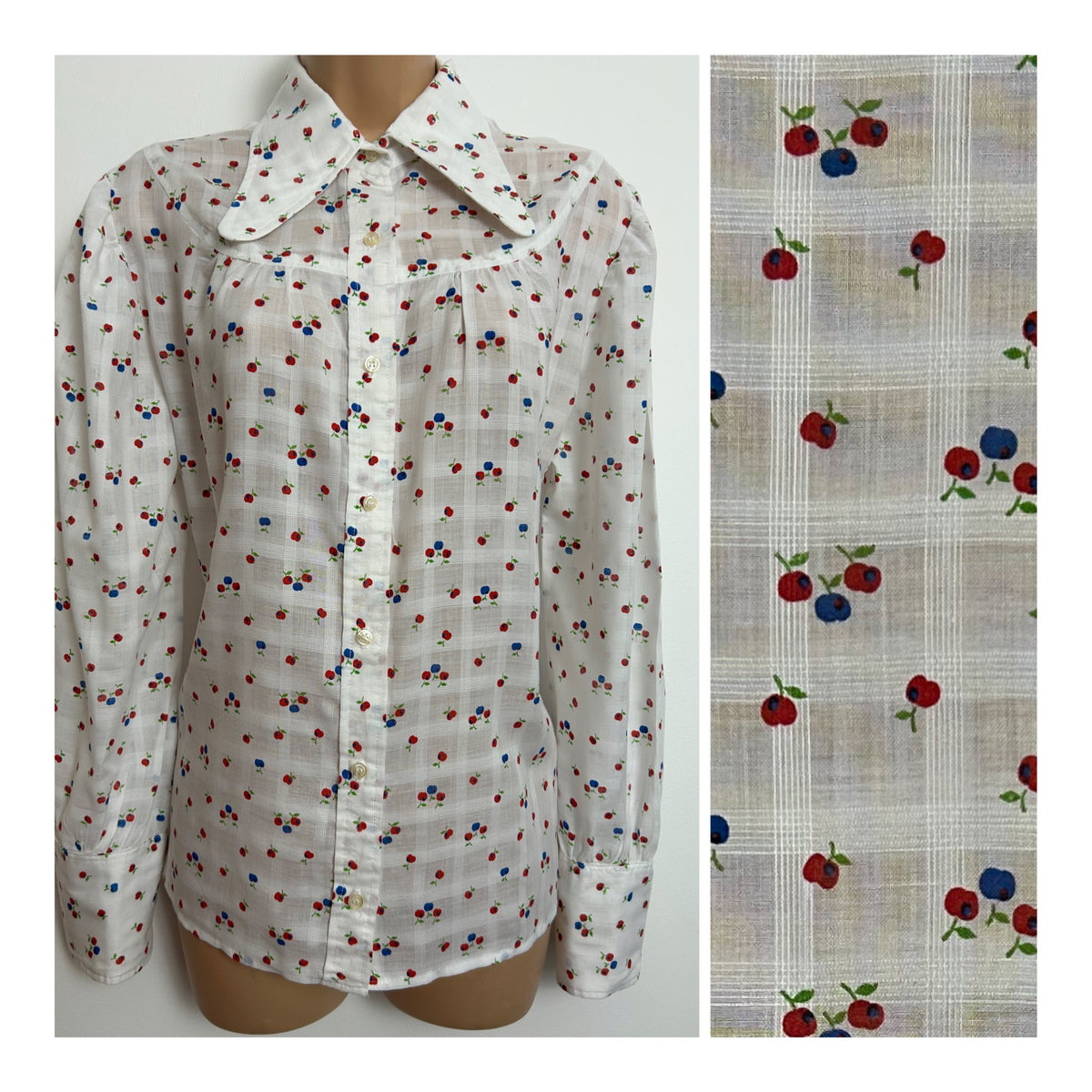 Vintage 1970s Size 14 White Red & Blue Apple Print Beagle Collar Cotton Shirt