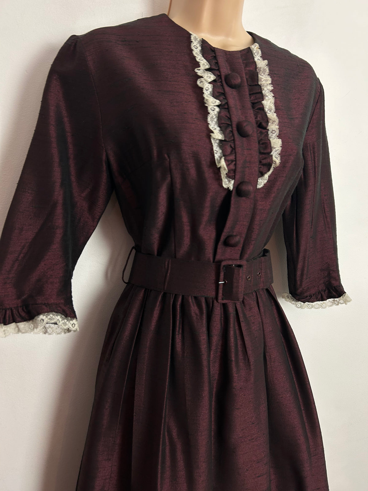 Vintage 1960s UK Size 8 Dark Plum Purple Lace Trim Belted Pleated Dress