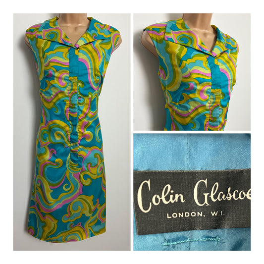 Vintage Late 1960s RARE COLIN GLASCOE Size 10 Turquoise Green & Pink Abstract Print Pure Silk Shift Dress