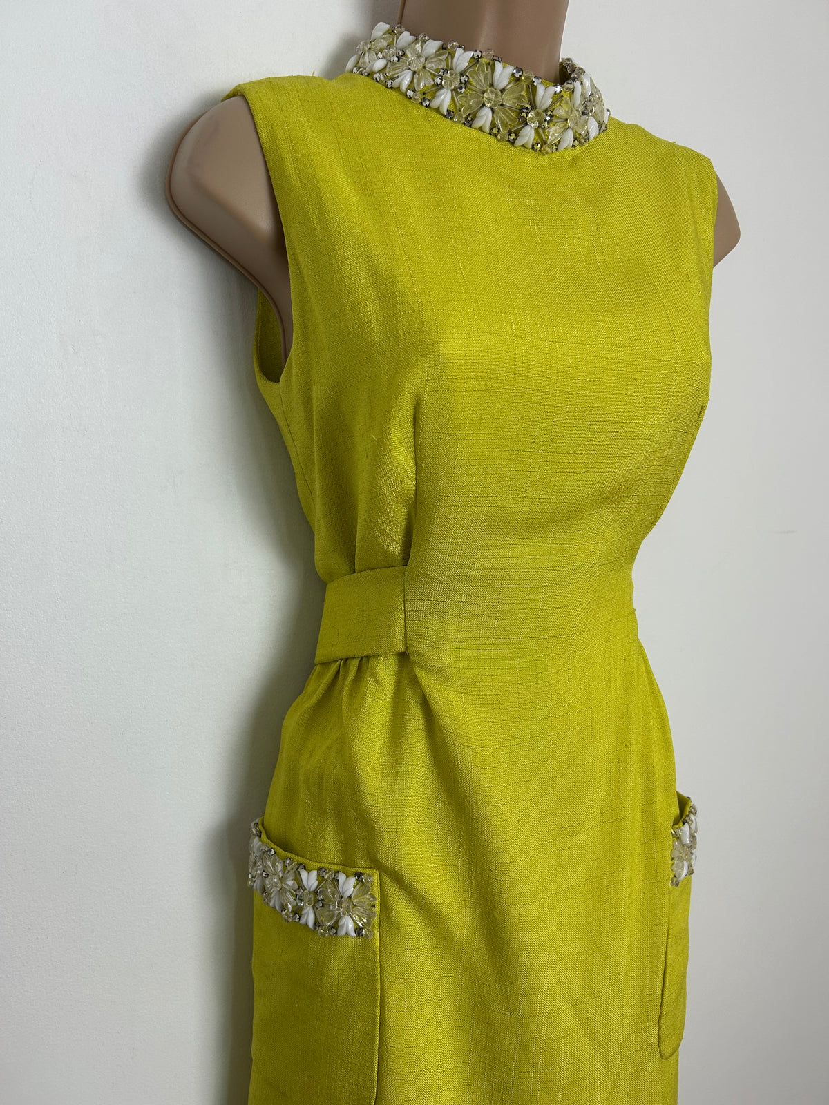 Vintage 1960s DYNASTY INTERNATIONAL Size 10  Chartreuse Bead Embellished Mod Special Occasion Party Dress