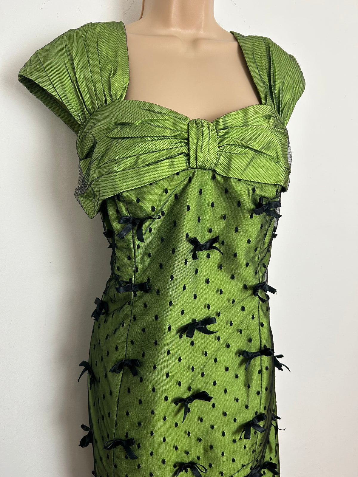 Vintage Late 1950s Size 12 Green & Black Polka Dot Mesh Bow Detail Occasion Evening Ballgown