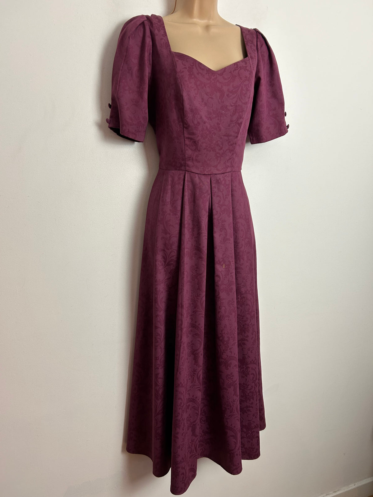 Vintage 80s LAURA ASHLEY UK Size 8-10 (UK Size 12) Plum Purple Floral Bow Open Bow Back Midi Dress