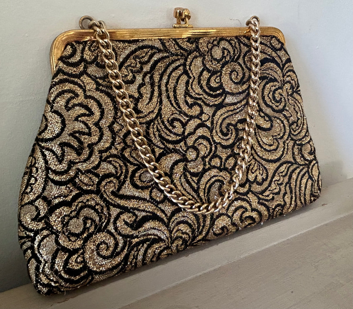 Vintage 1960s Small Black & Metallic Gold Floral Evening Bag With Chain Handle