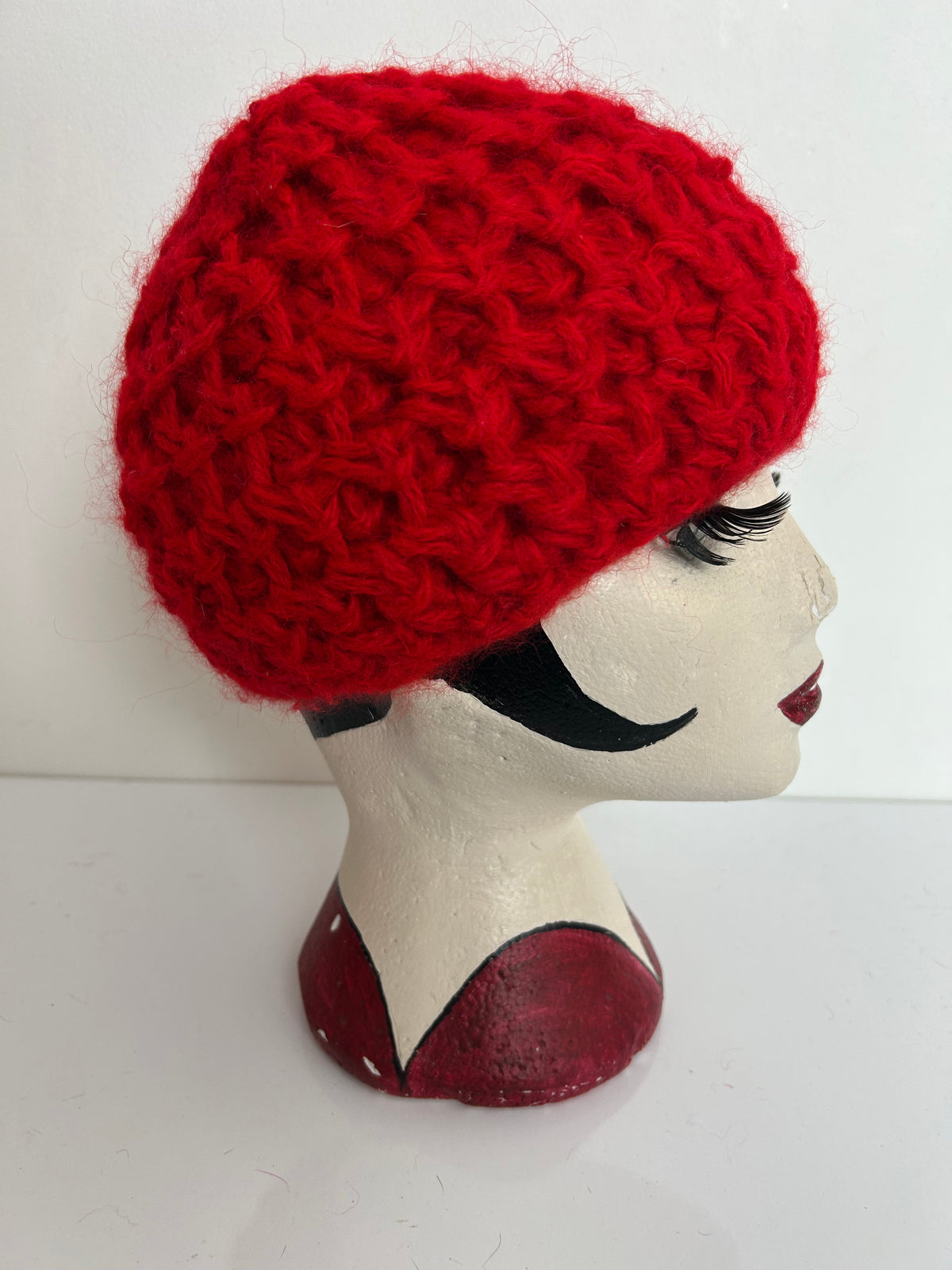 Vintage Red Wool & Angora Chunk Open Stitch Reversible Beanie Beret Style Hat