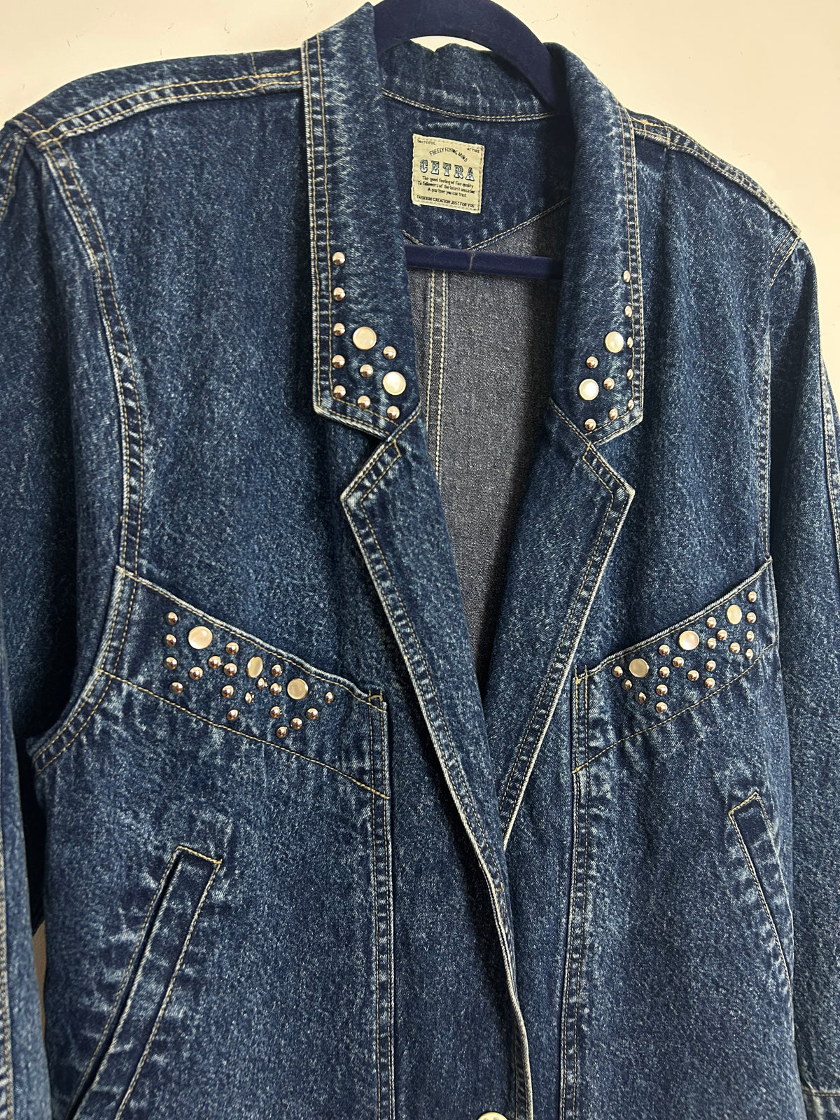 Vintage 1980s CETRA Size 12-14 Dark Blue Stud Detail Denim Jacket