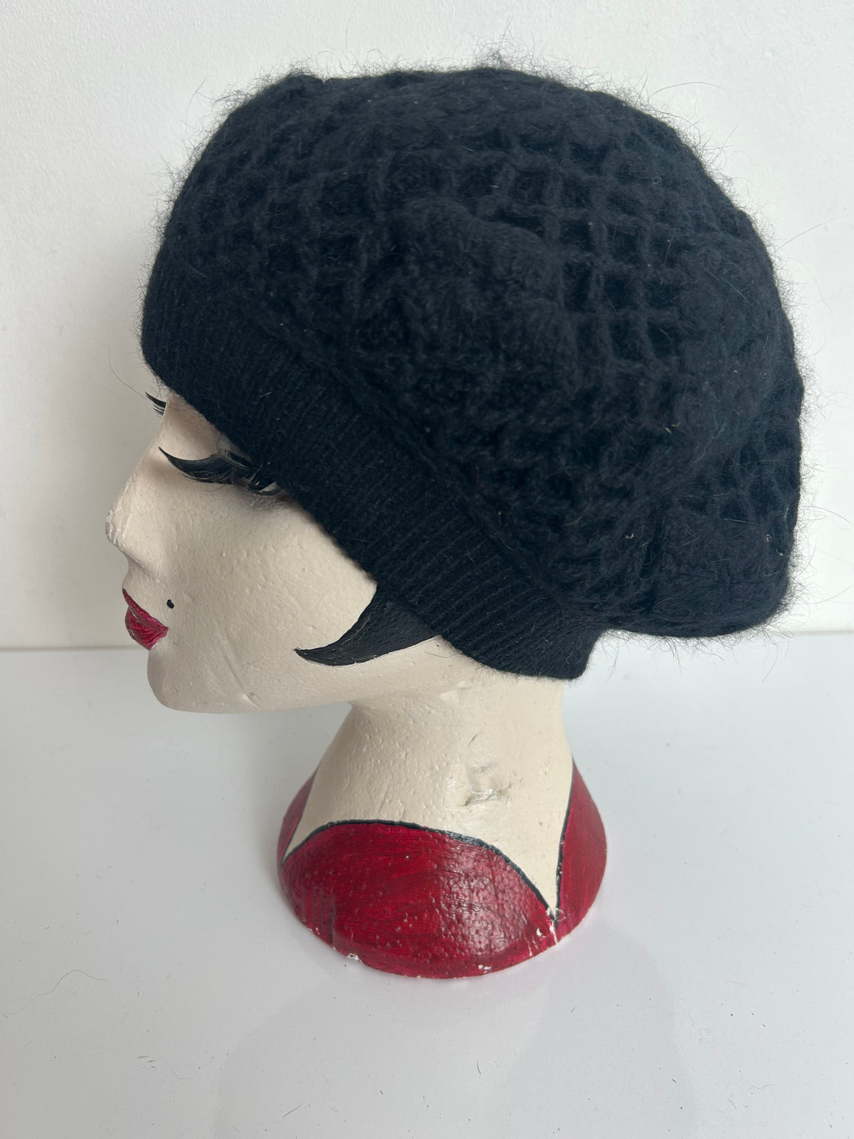 Vintage Black Crochet Wool & Angora Mix Beret Hat