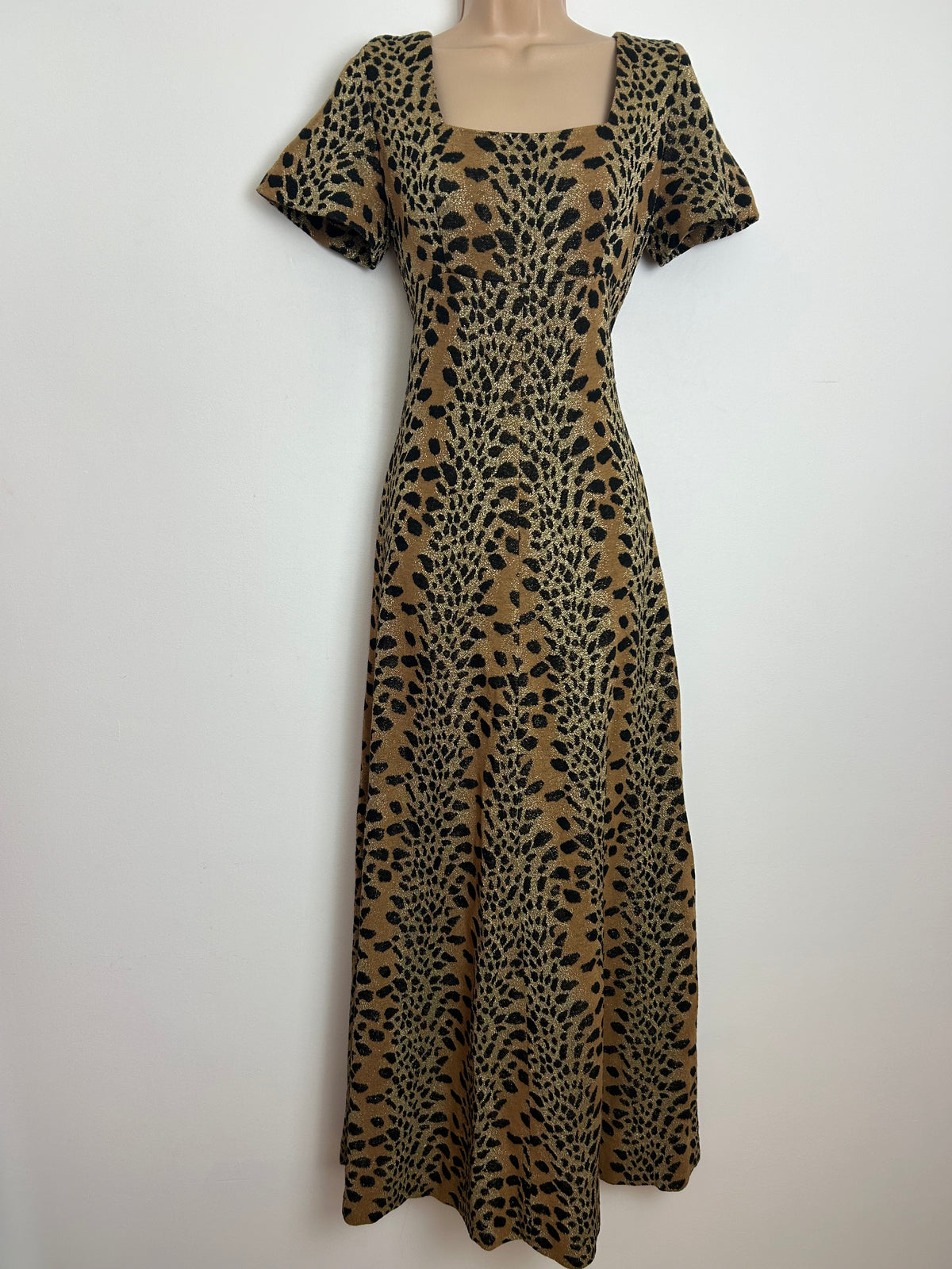 Vintage 1970s MADEMOISELLE Size 8 Black Tan & Gold Lurex Animal Print Evening Maxi Dress